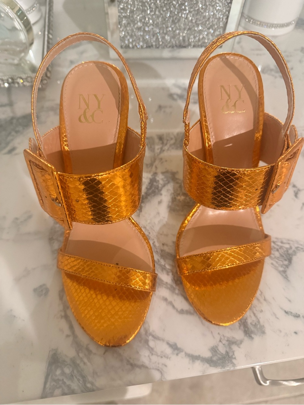 New York & Company Metallic Copper-Orange Slingback Heels